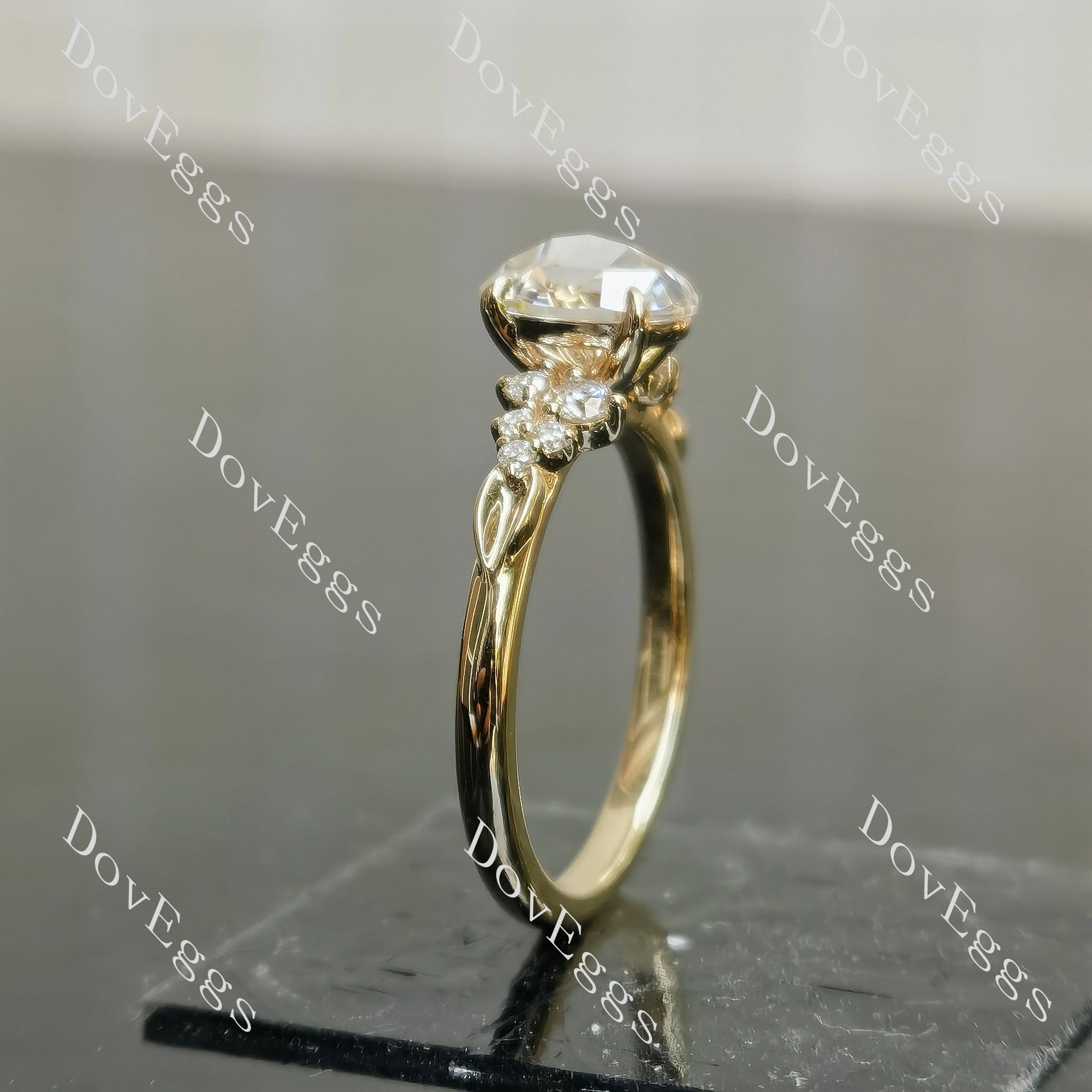 Oval moissanite side stone yellow gold engagement ring|Doveggs