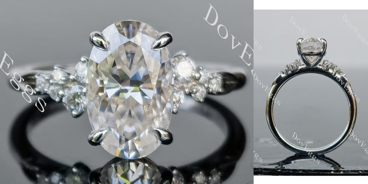 Oval side stone moissanite engagement ring front and side view