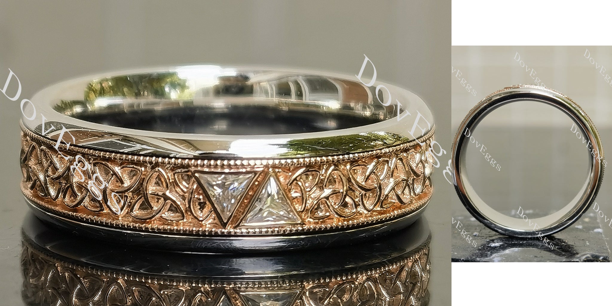 Triangle engraving art deco wedding band main view | Doveggs