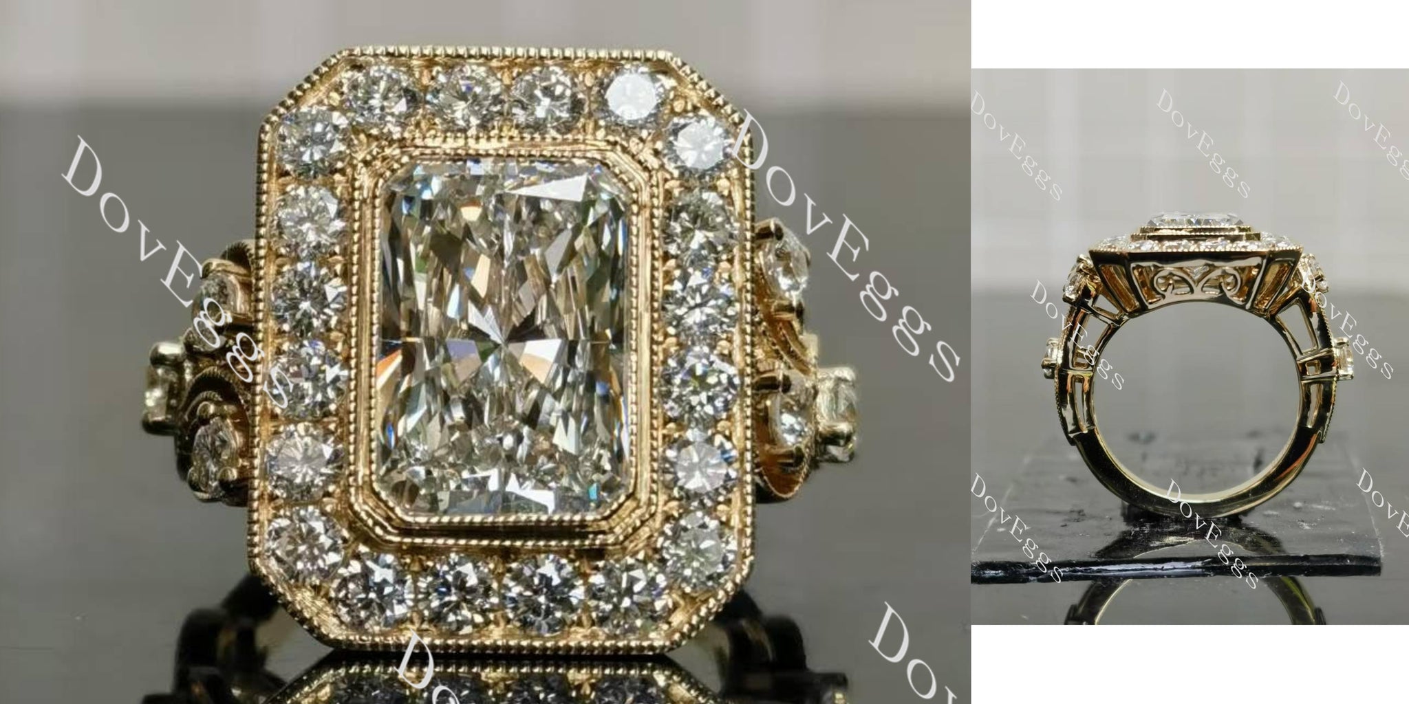 Radiant bezel halo art deco engraved arm moissanite engagement ring main view| Doveggs