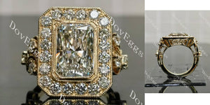 Radiant bezel halo art deco engraved arm moissanite engagement ring main view| Doveggs