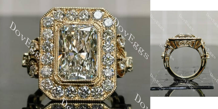 Radiant bezel halo art deco engraved arm moissanite engagement ring main view| Doveggs