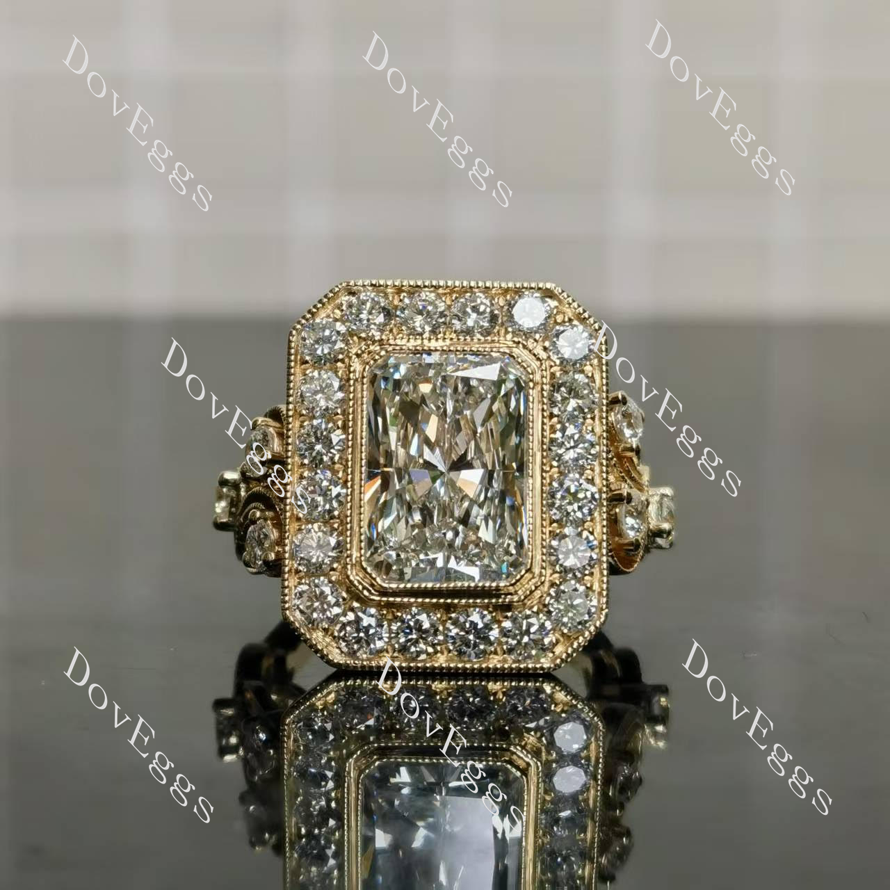 Radiant bezel halo art deco engraved arm moissanite engagement ring front view| Doveggs
