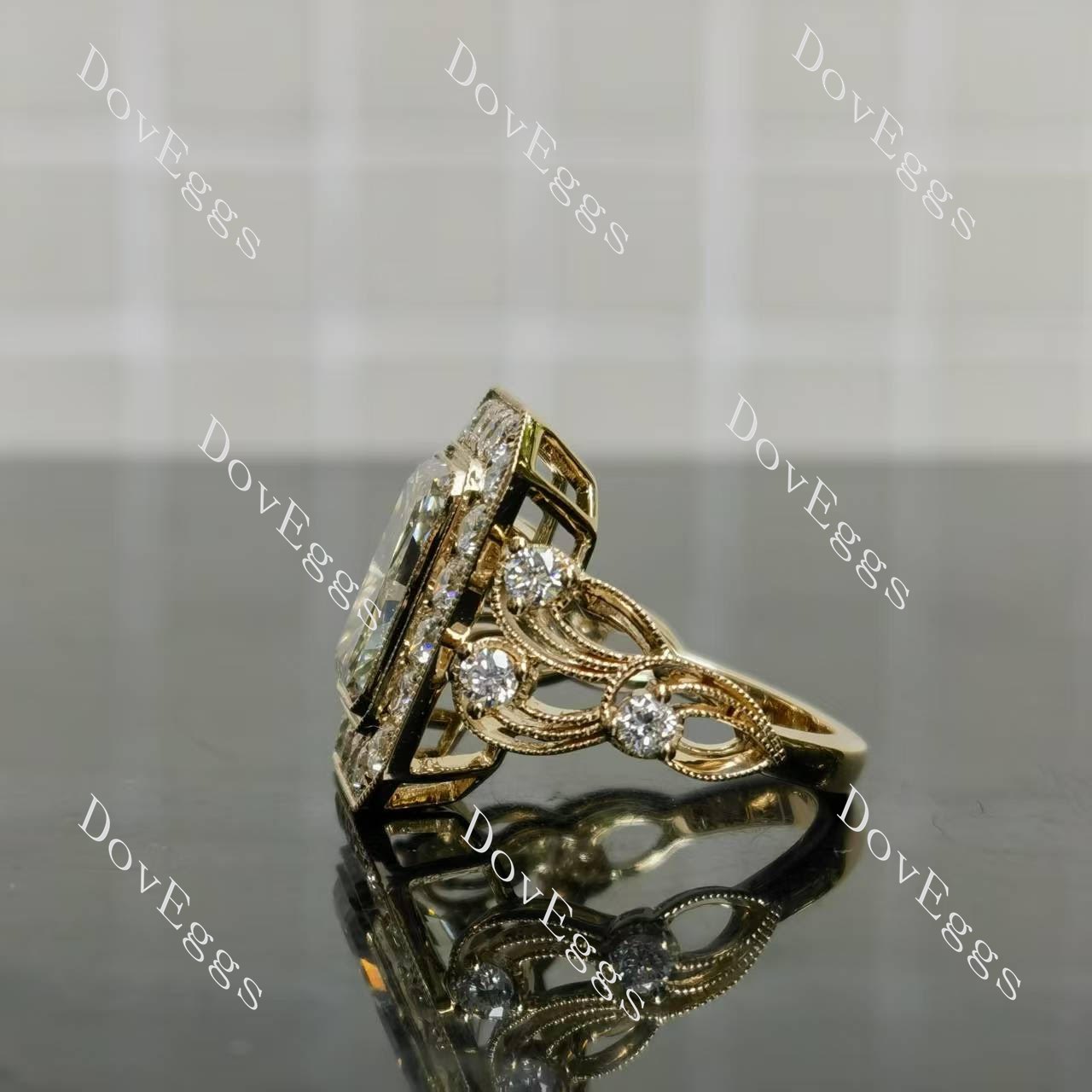 Art deco engraved arm moissanite engagement ring| Doveggs