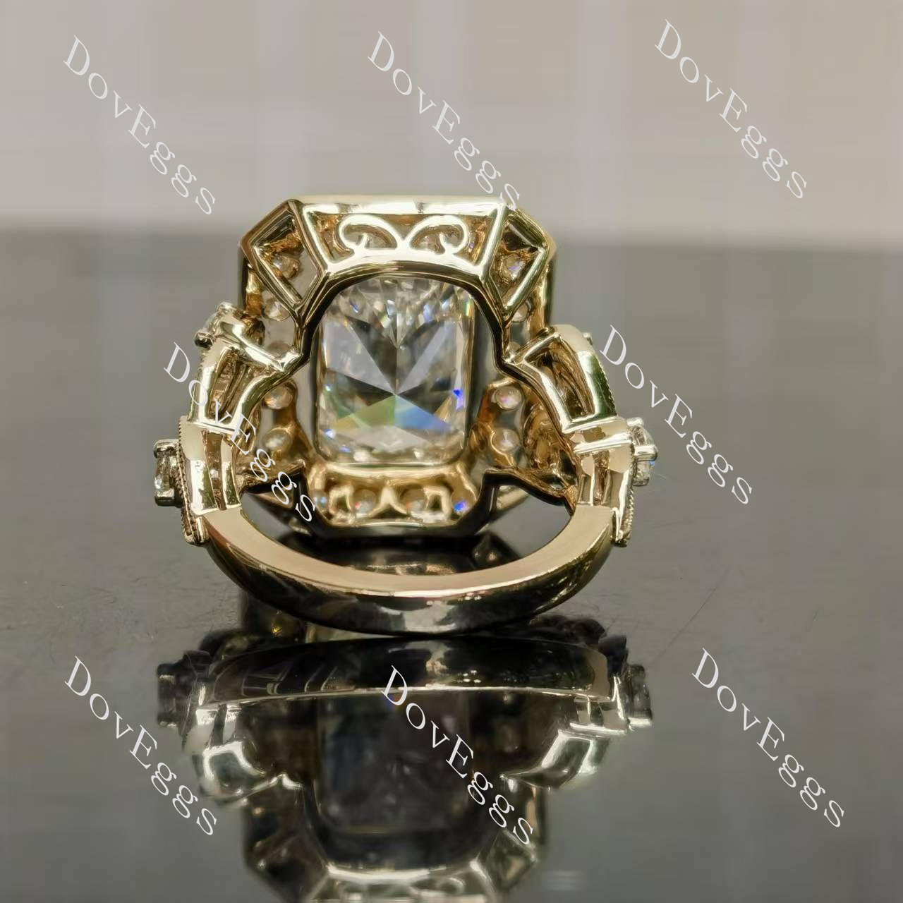 Radiant art deco moissanite engagement ring bottom view| Doveggs