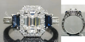 Elongated Krupp cut halo three stones engravd pave moissanite engagement ring main view| Doveggs