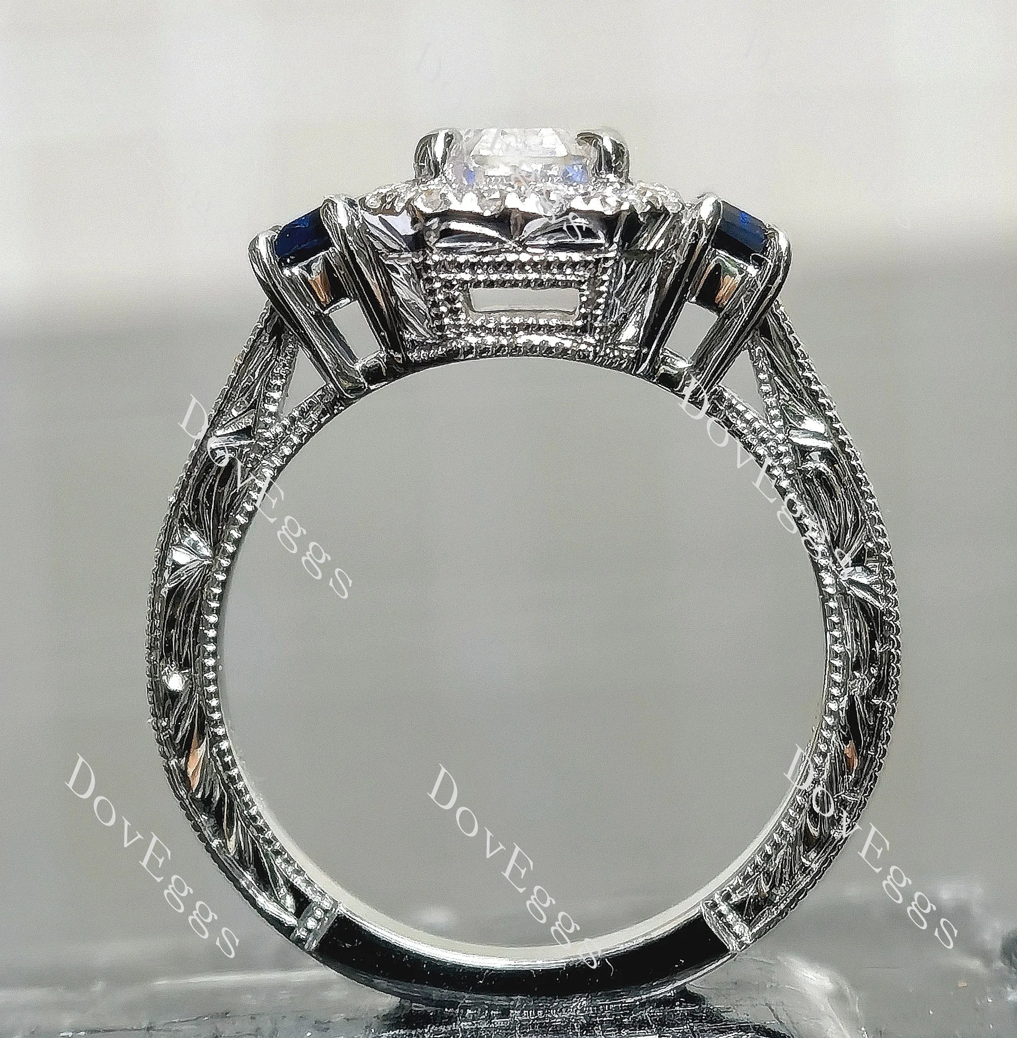 Three stones engravd moissanite engagement ring| Doveggs