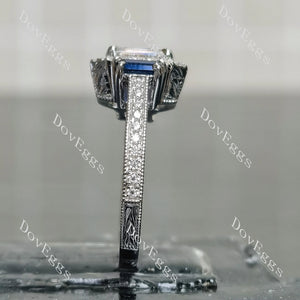 Elongated Krupp cut halo engravd pave moissanite engagement ring side view| Doveggs