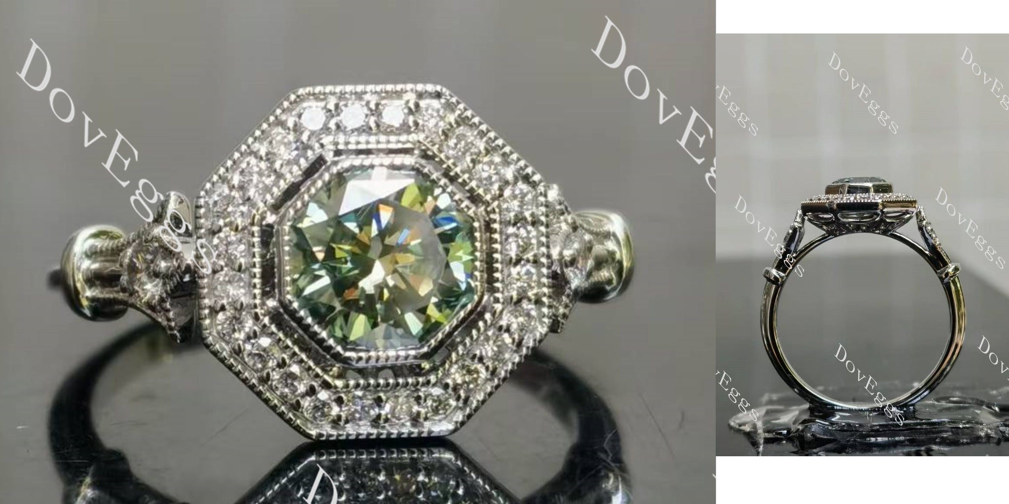 Octagon halo pave art deco moissanite engagement ring main view| Doveggs