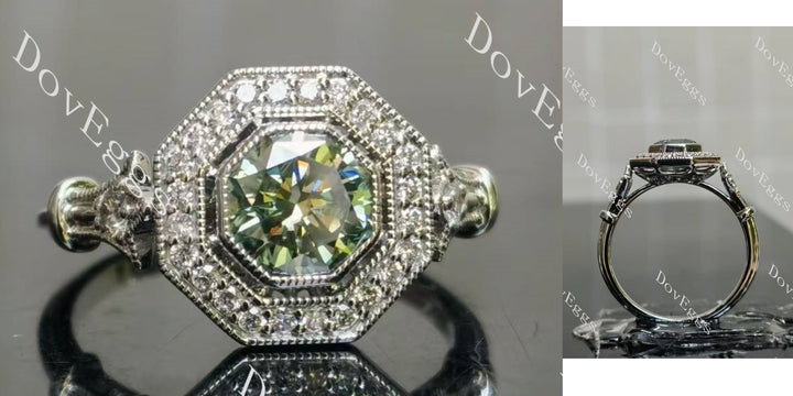 Octagon halo pave art deco moissanite engagement ring main view| Doveggs