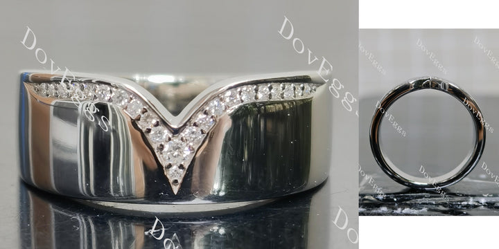 Round V-shaped pave moissanite wide wedding band main view|Doveggs
