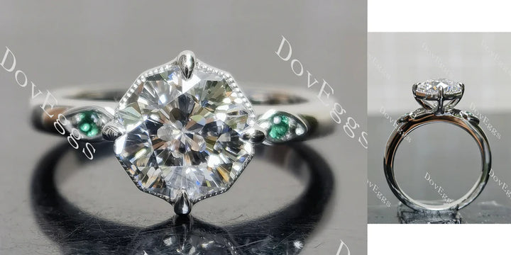 2.13ct Modified Sakura Cut D Color VS1 Lab Diamond engagement ring in petite octagonal bezel setting with delicate emerald leaf accents on slim shank