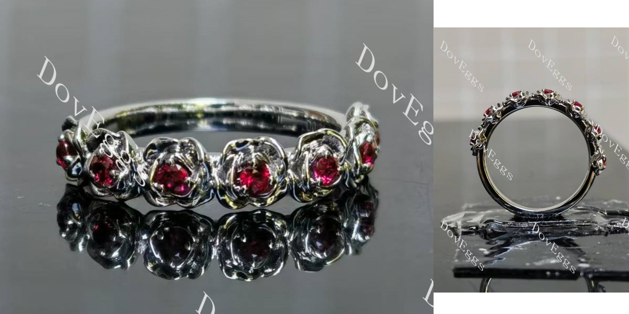 Feminine and rose floral vintage half/full eternity wedding band main view| Doveggs