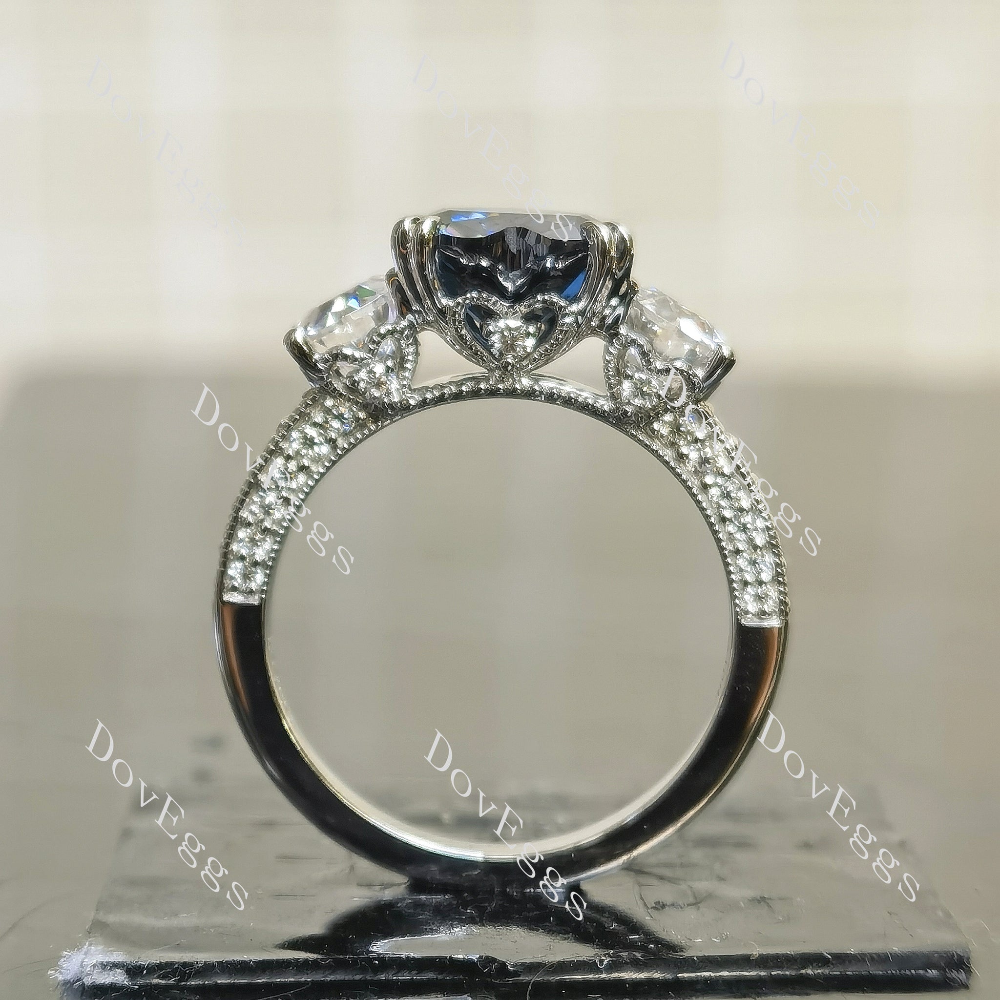 Heart vintage three stones pave art deco engagement ring |Doveggs