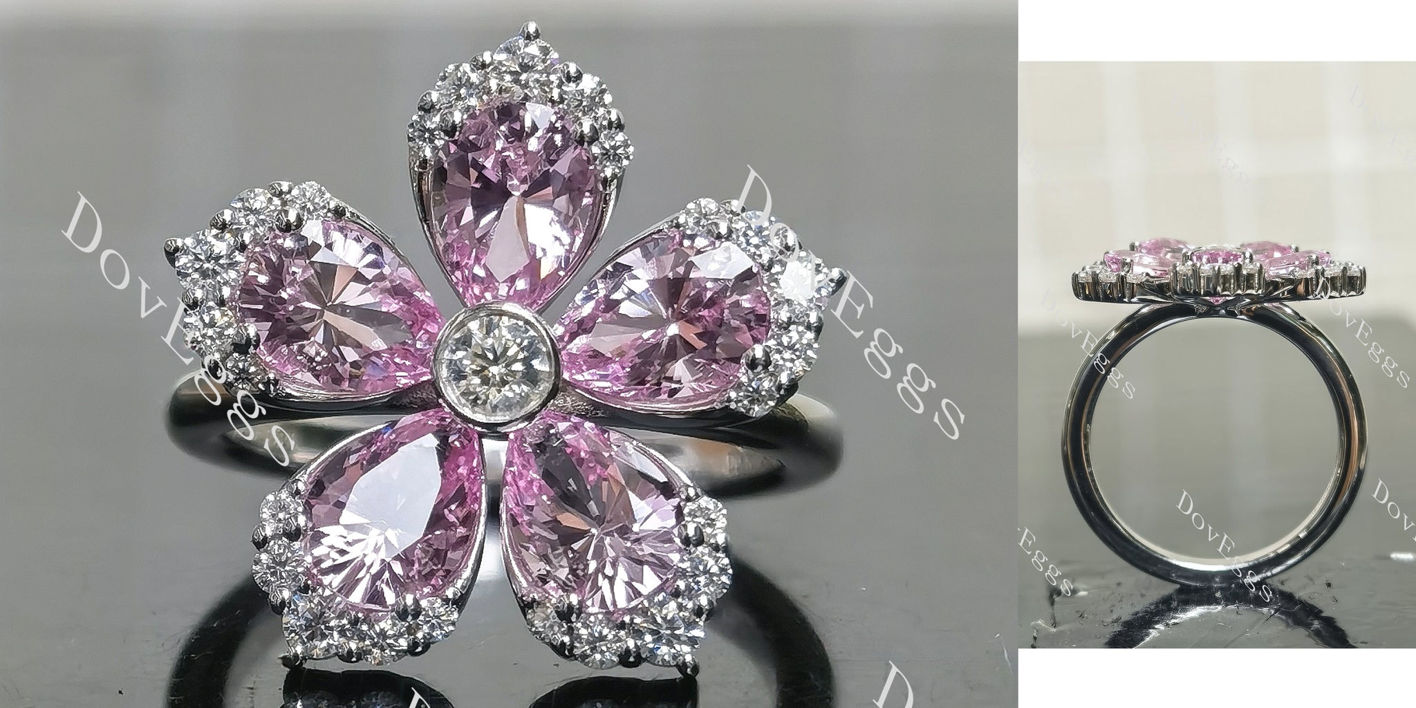 Pear floral art deco colored gem engagement ring/wedding band main view|Doveggs