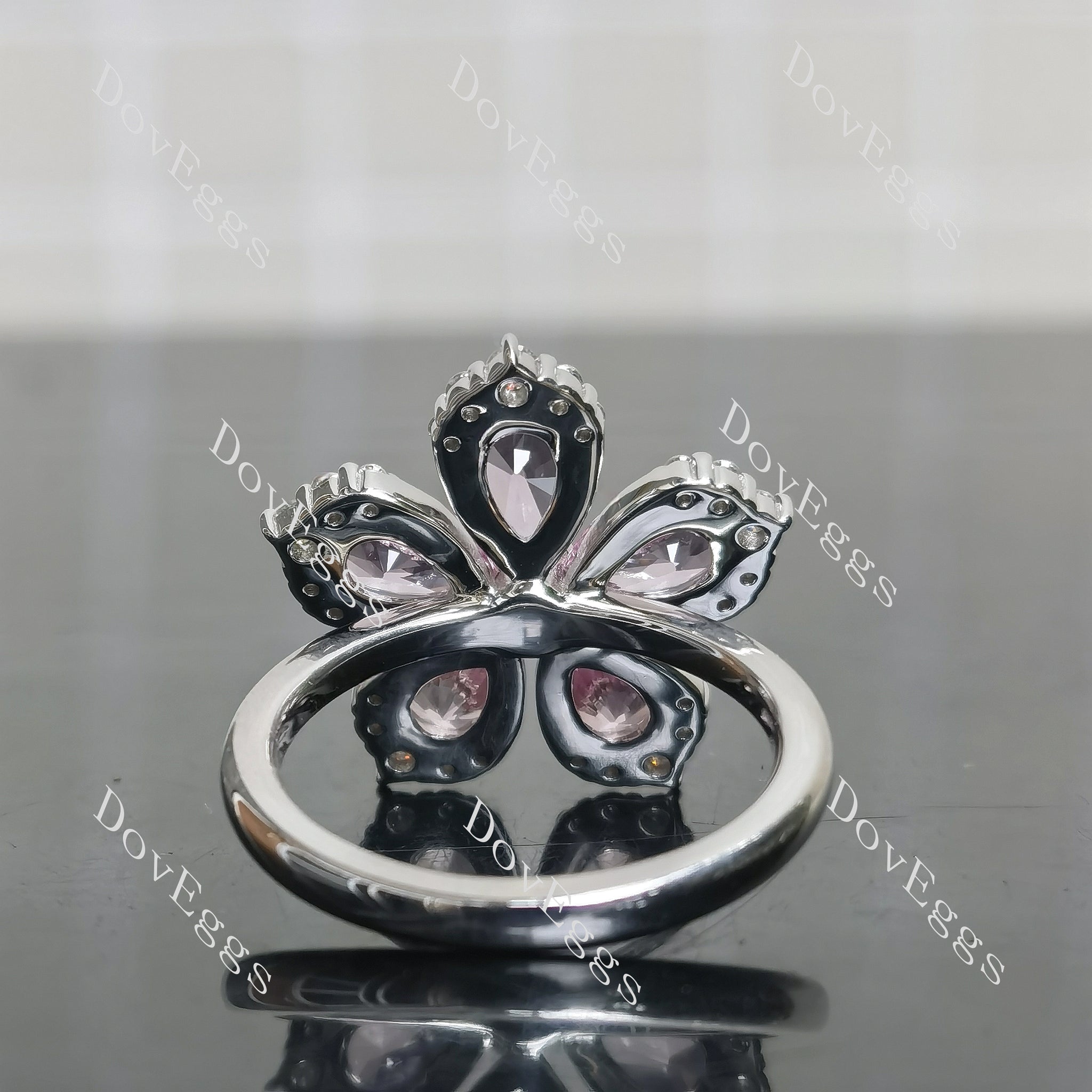 Pear floral art deco colored gem engagement ring/wedding band bottom view|Doveggs