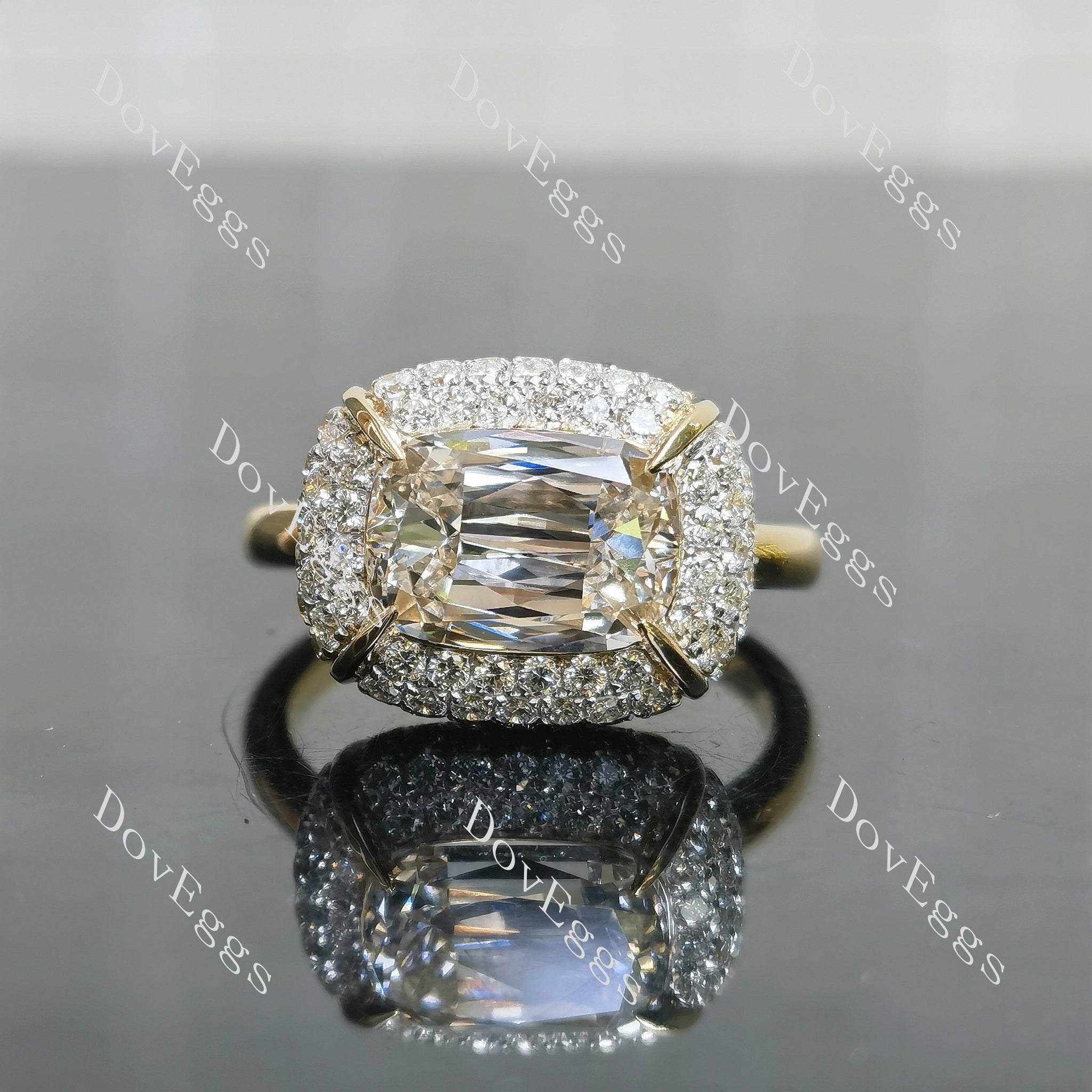 Cushion multi layer halo moissanite two tone engagement ring| DovEggs