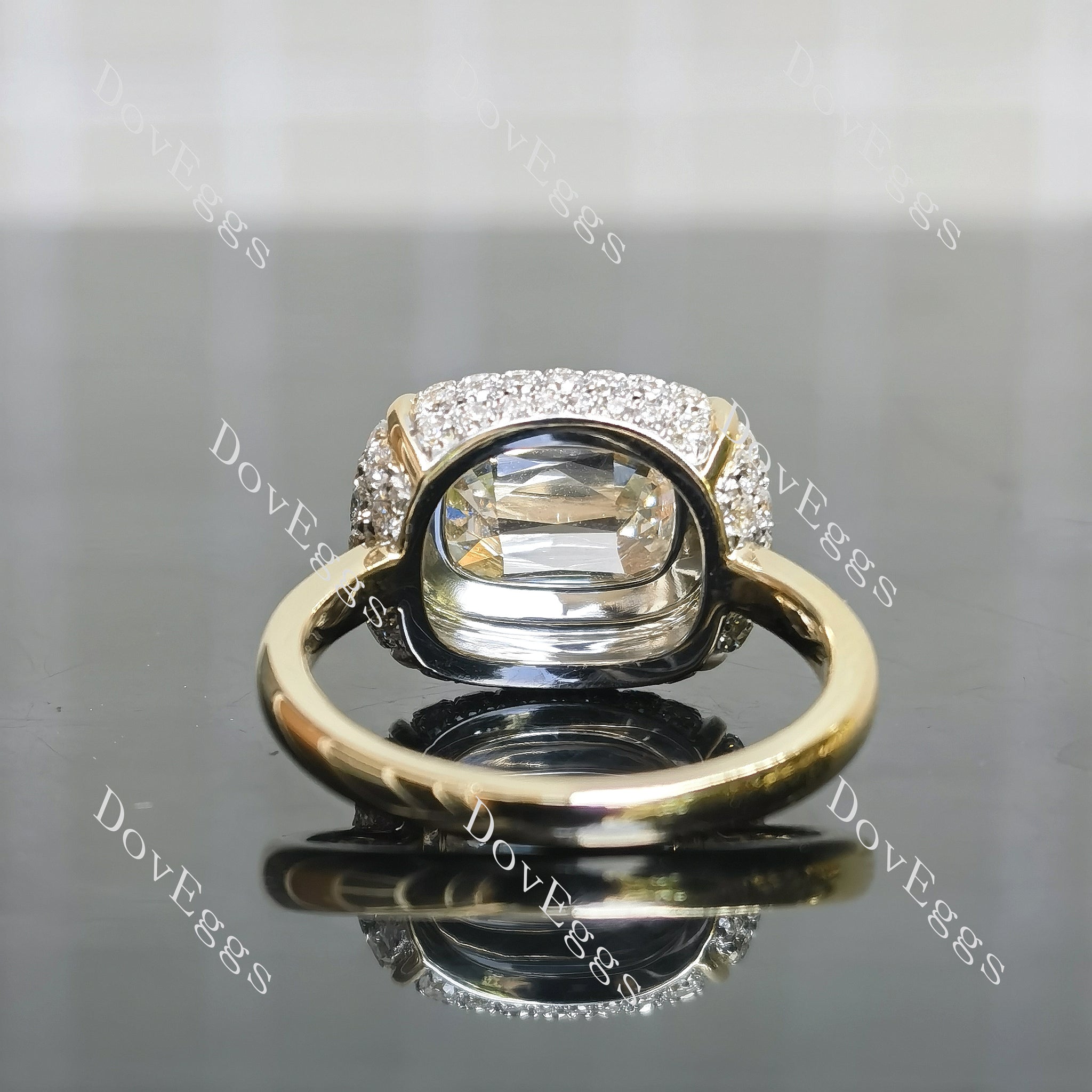 Cushion multi layer halo moissanite engagement ring bottom view| DovEggs