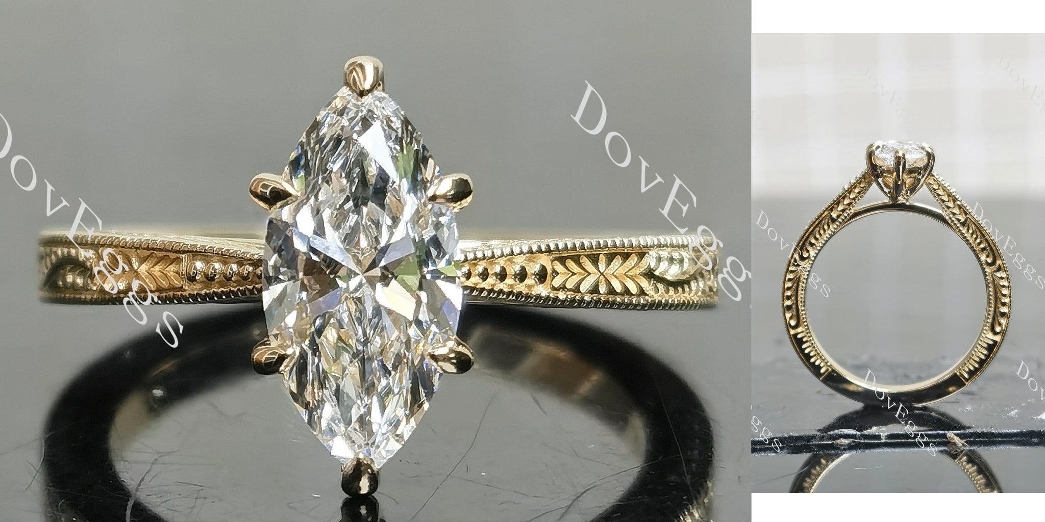 Marquise solitaire carving moissanite engagement ring main view|Doveggs