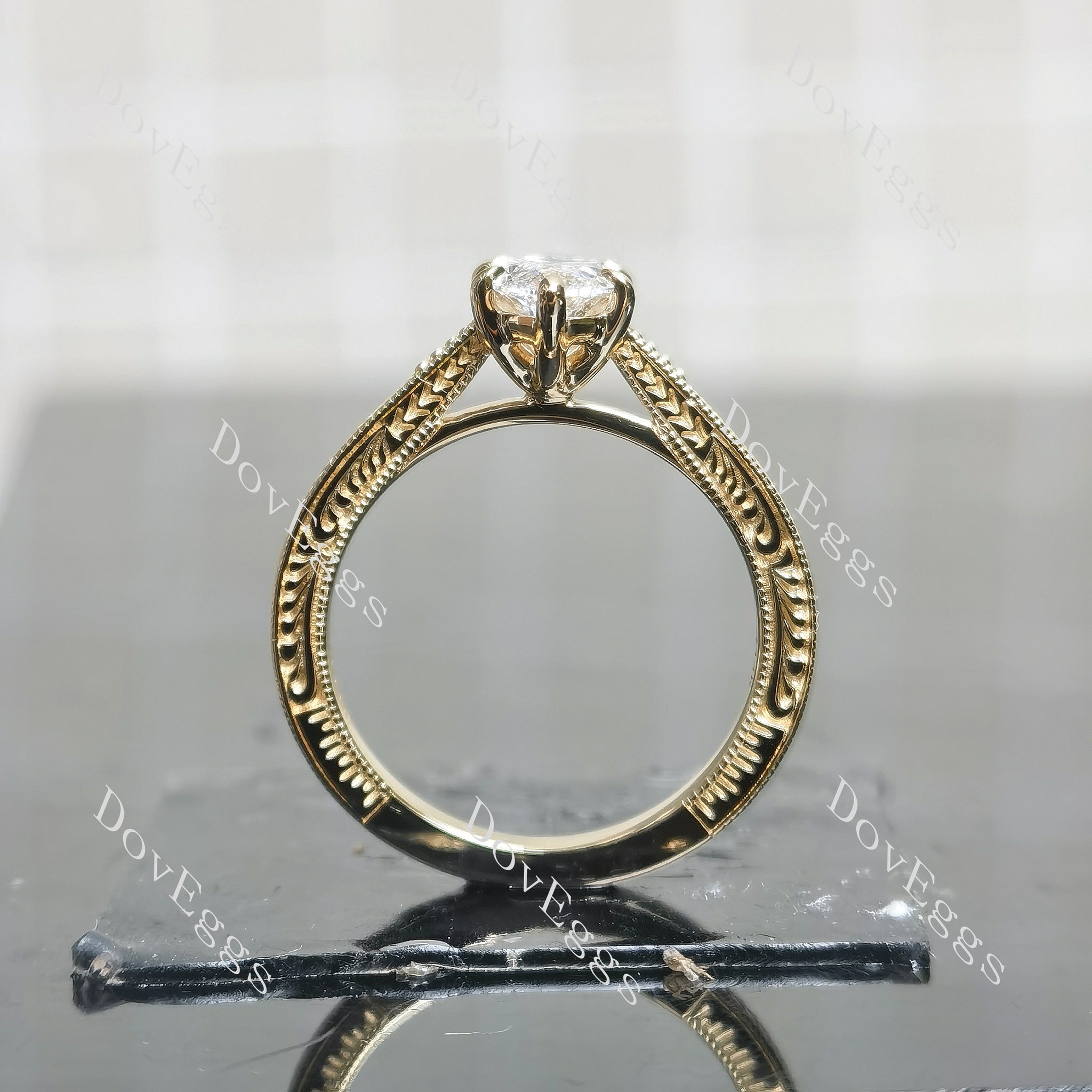 Art deco carving moissanite yellod gold engagement ring |Doveggs
