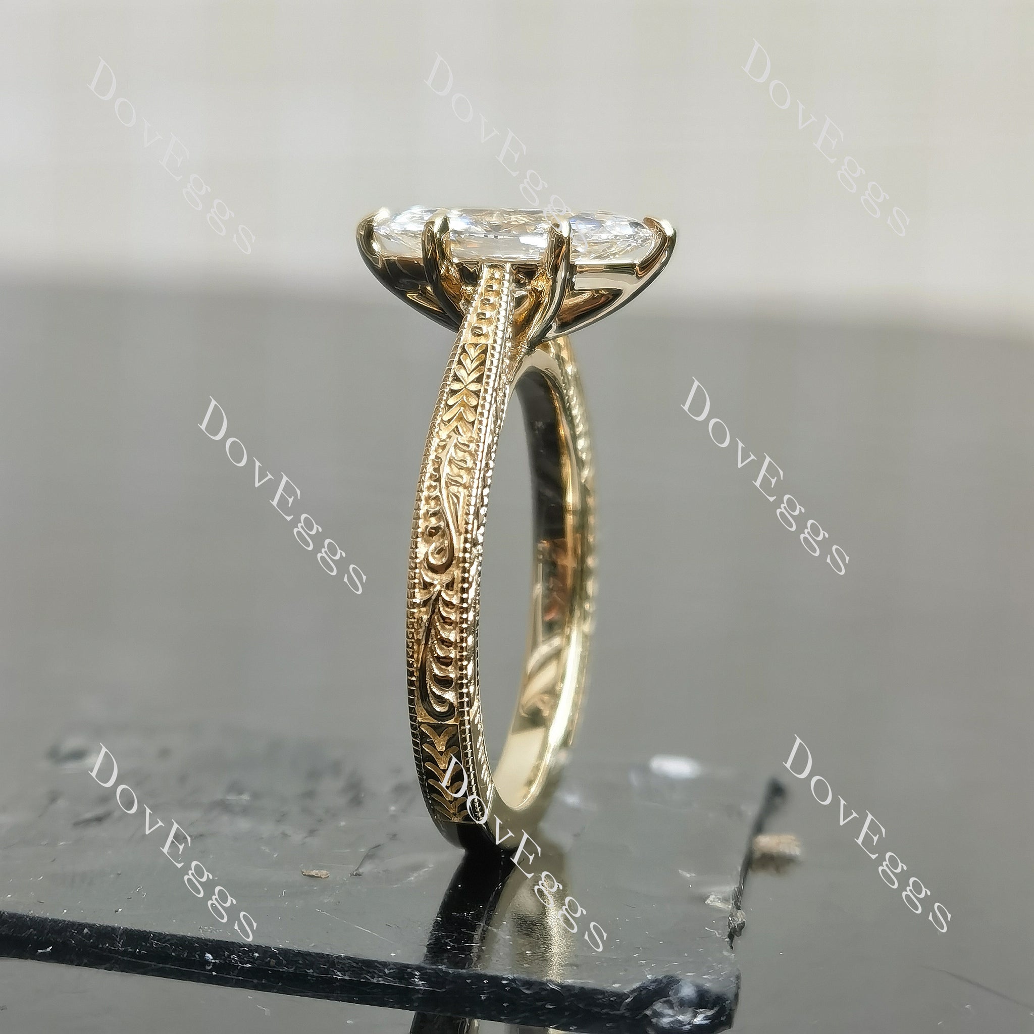 Marquise solitaire carving moissanite engagement ring side view|Doveggs