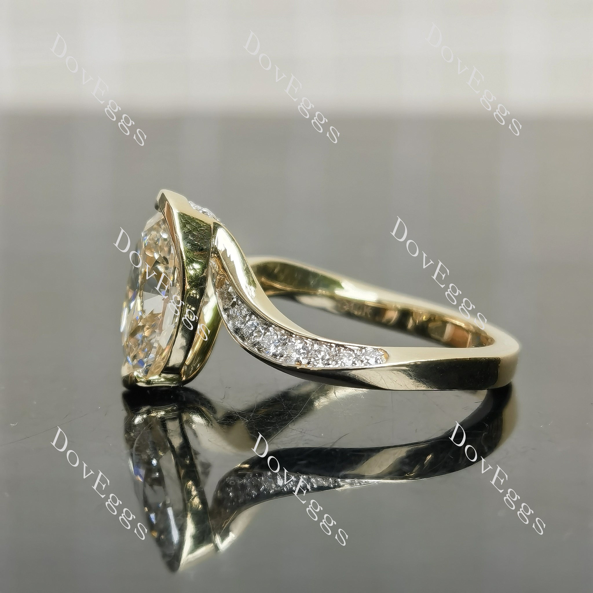Pave twisted ring arm moissanite yellow gold engagement ring| DovEggs