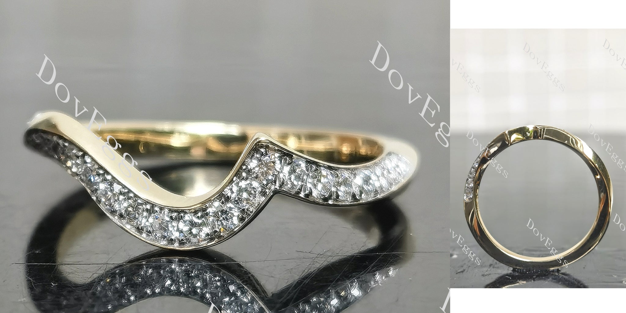 Round pave twisted arm moissanite wedding band main view| DovEggs