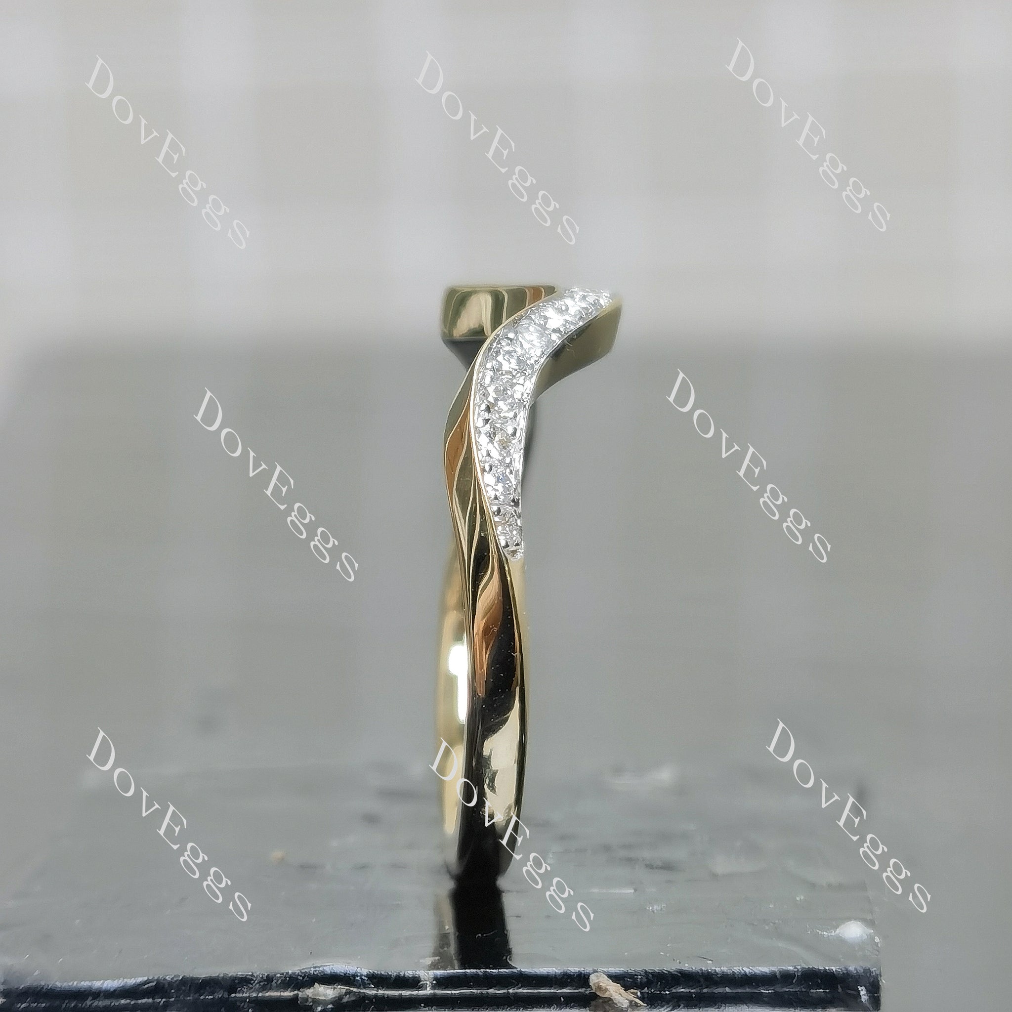 Round pave twisted arm moissanite wedding band side view| DovEggs