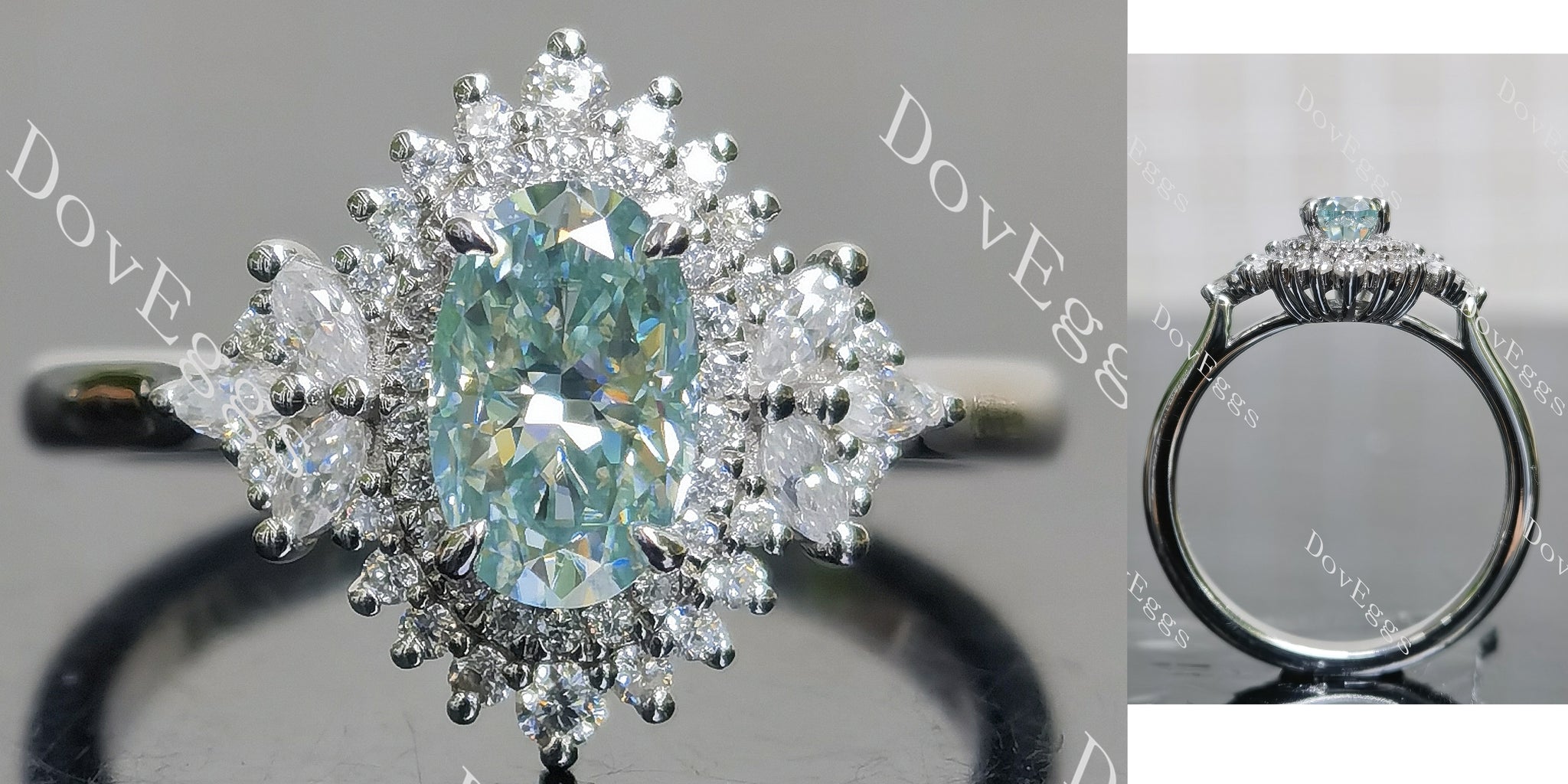 Oval halo side stones colored moissanite engagement ring main view| Doveggs
