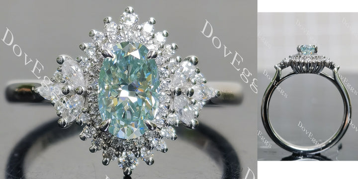 Peacock blue oval moissanite engagement ring with halo side stones, front and side view