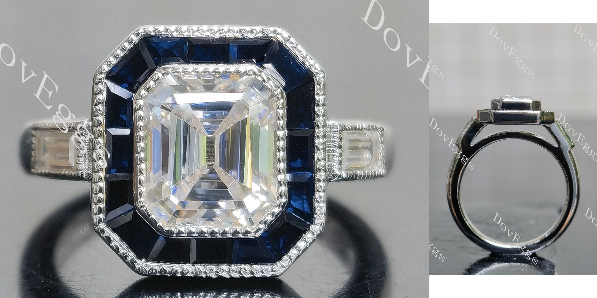 Krupp cut halo moissanite engagement ring main view| Doveggs