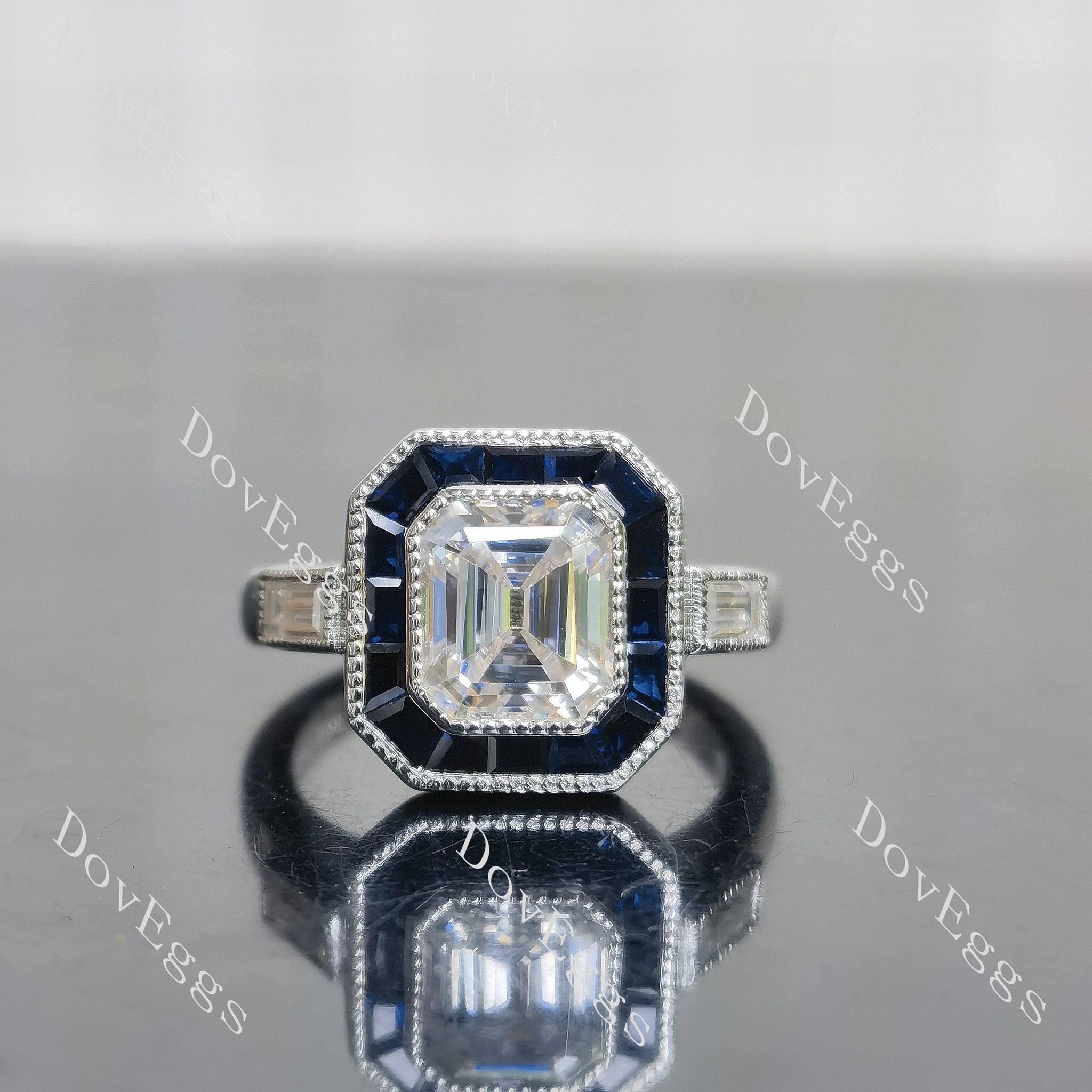 Krupp cut & baguette blue sapphire halo moissanite engagement ring| Doveggs
