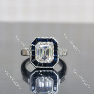 Krupp cut & baguette blue sapphire halo moissanite engagement ring| Doveggs