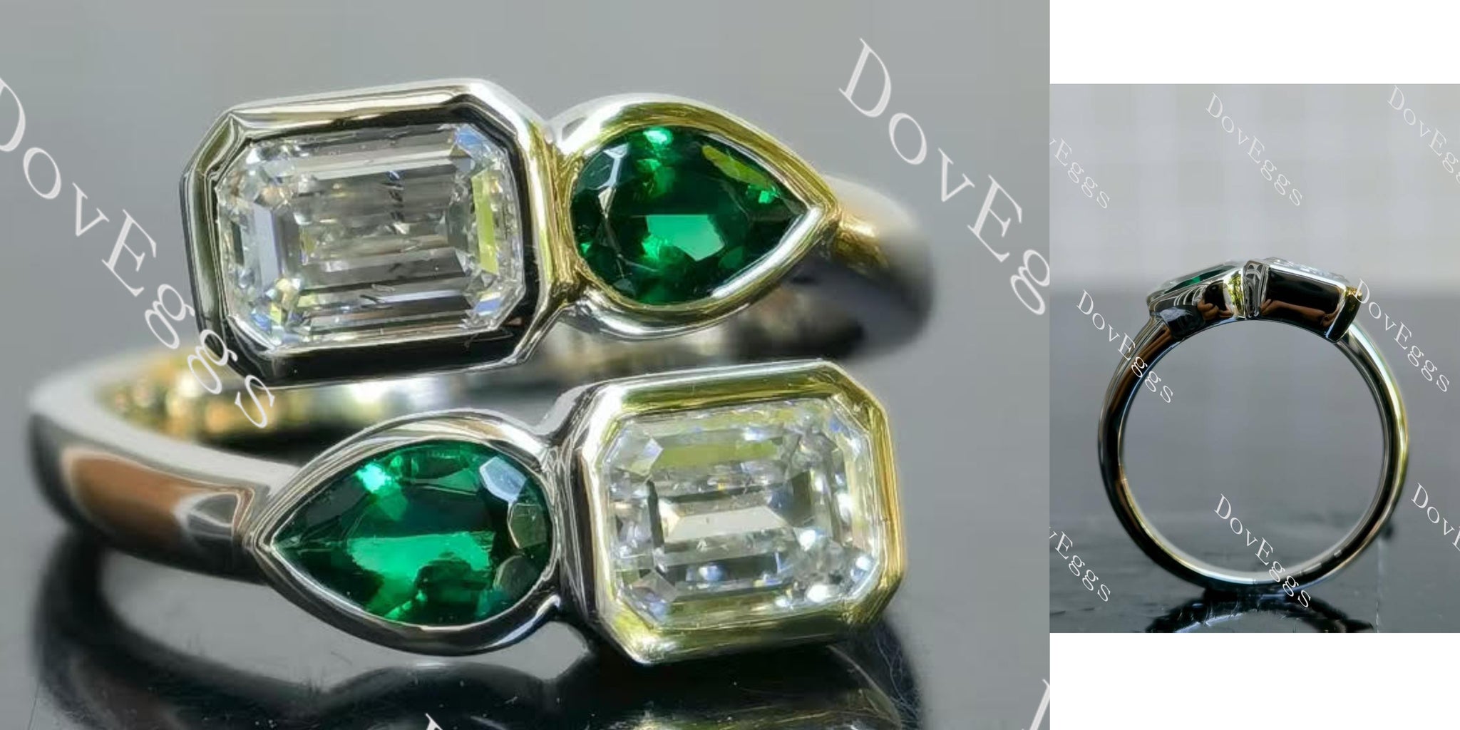 Emerald pear bezel four stones art deco moissanite engagement ring main view| Doveggs