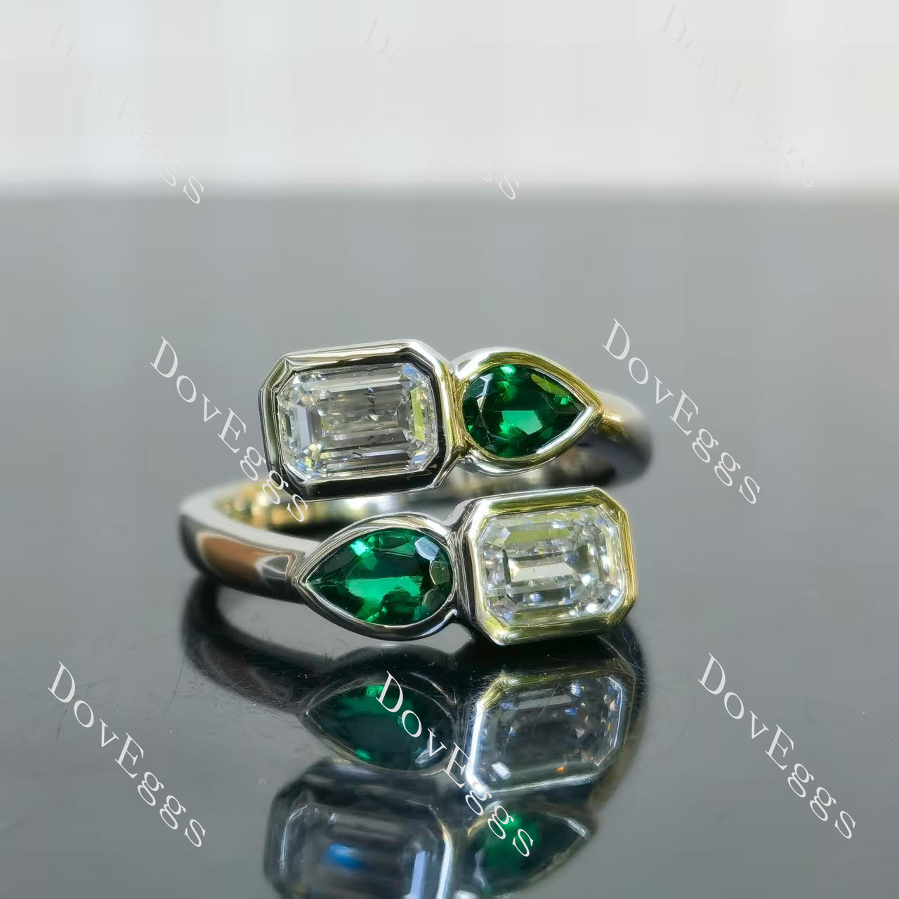 Emerald pear bezel four stones art deco moissanite engagement ring| Doveggs