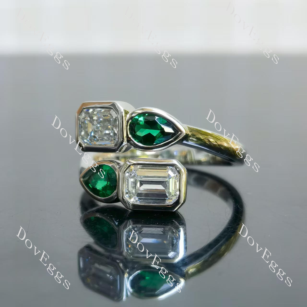 Emerald pear bezel four stones colored gem & moissanite engagement ring| Doveggs
