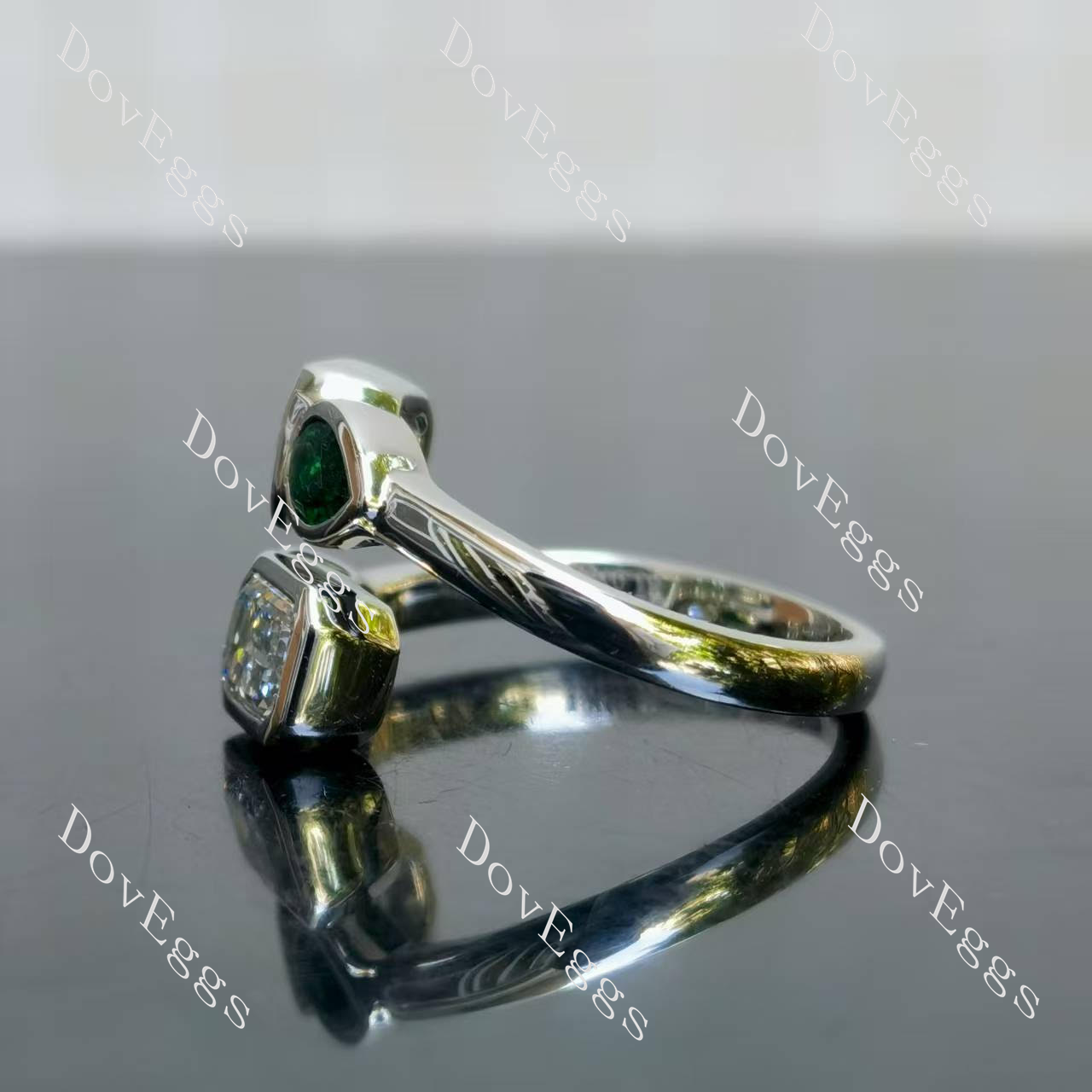 Emerald pear bezel sterling silver moissanite engagement rings| Doveggs