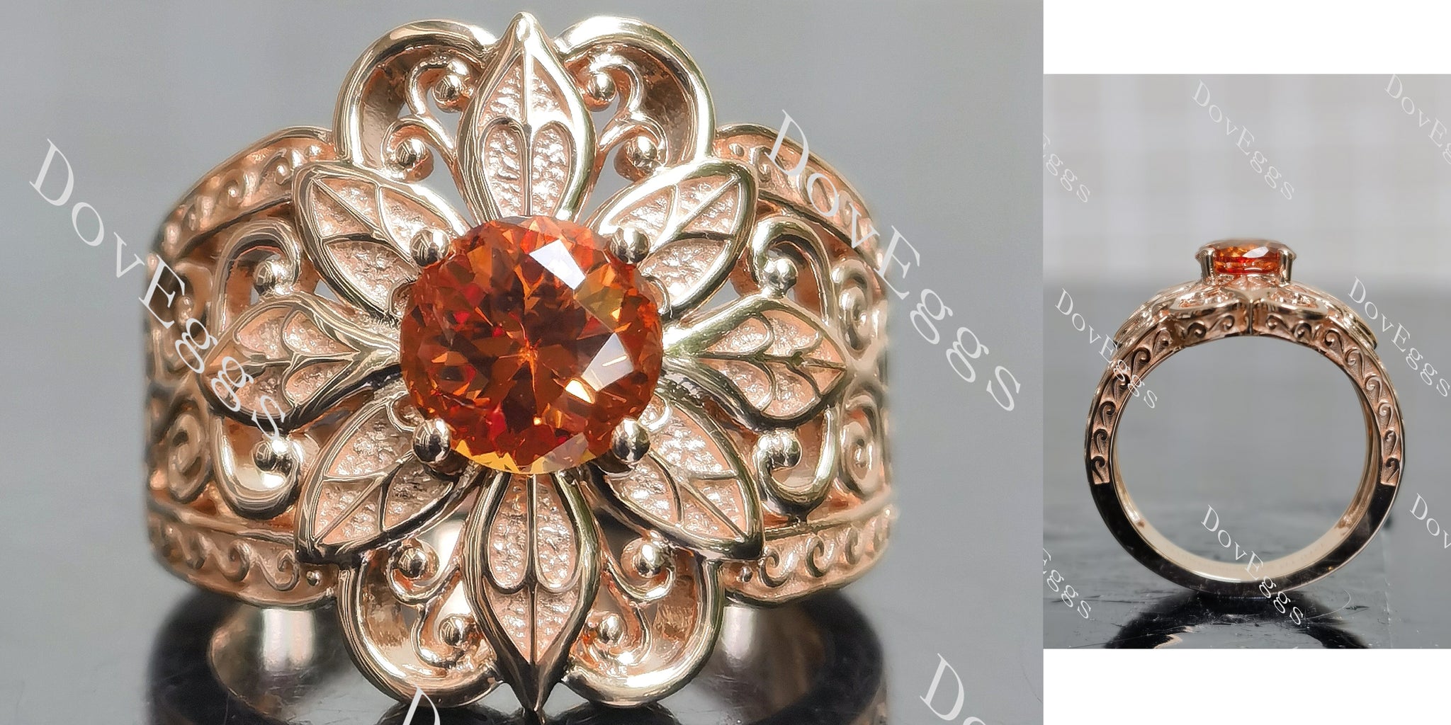 Round floral vintage colored gem engagement ring main view|Doveggs