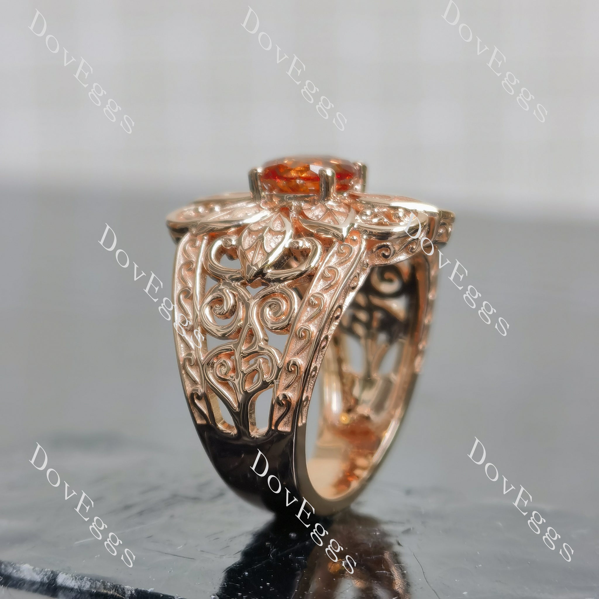 Round floral vintage carving colored gem solitaire engagement ring side view|Doveggs