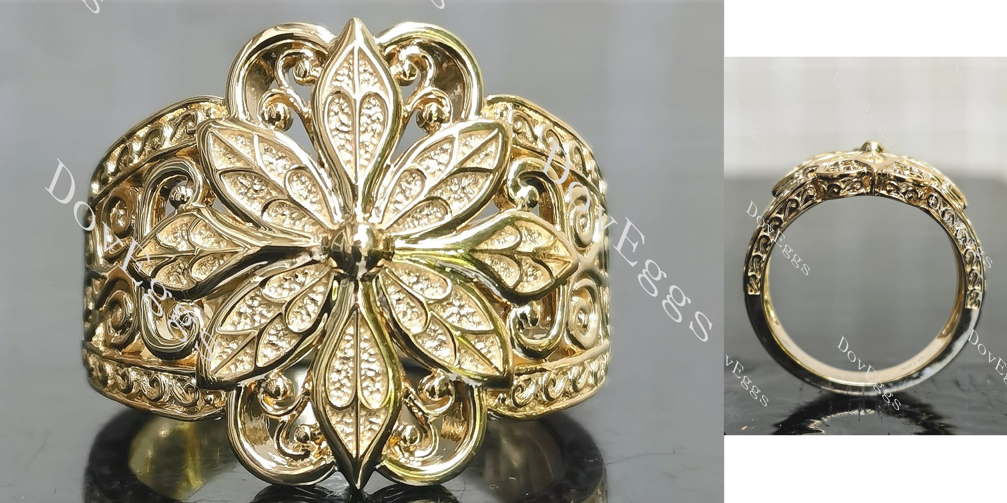 Vintage-Inspired floral plain band engagement ring main view|Doveggs