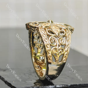Vintage-Inspired floral carving plain band engagement ring side view|Doveggs