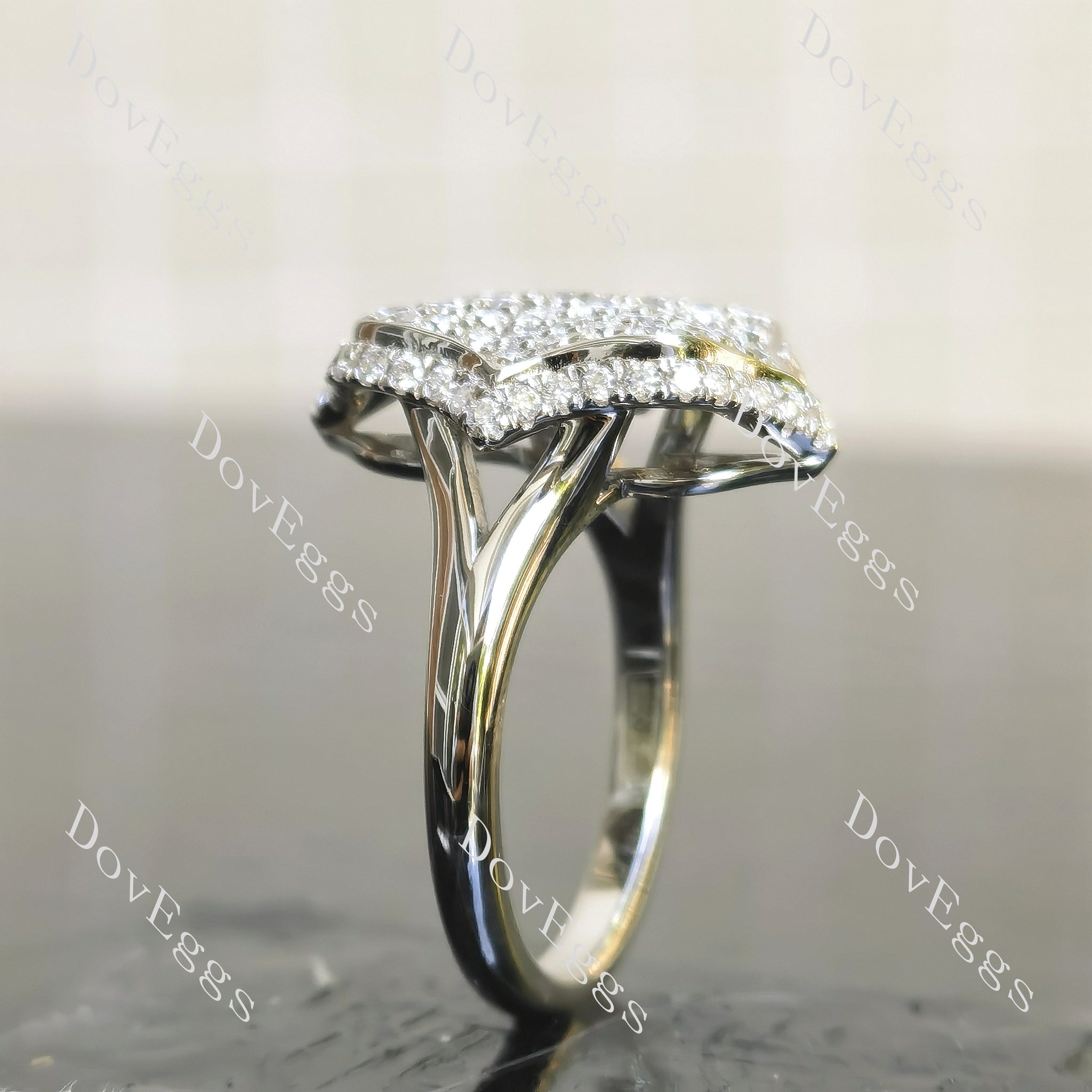 Round art deco moissanite or lab grown diamond engagement ring side view| Doveggs