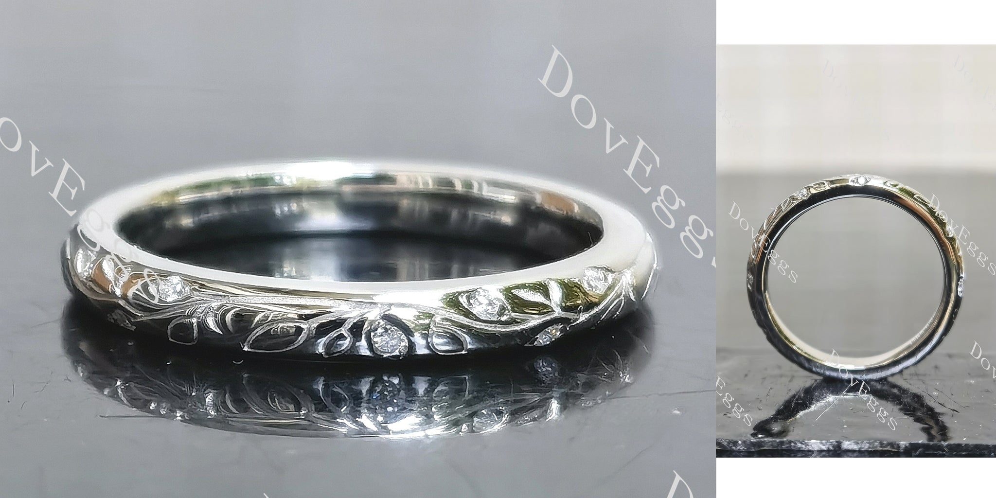 Round brilliant earth verdure engraved full eternity moissanite wedding band main view|Doveggs
