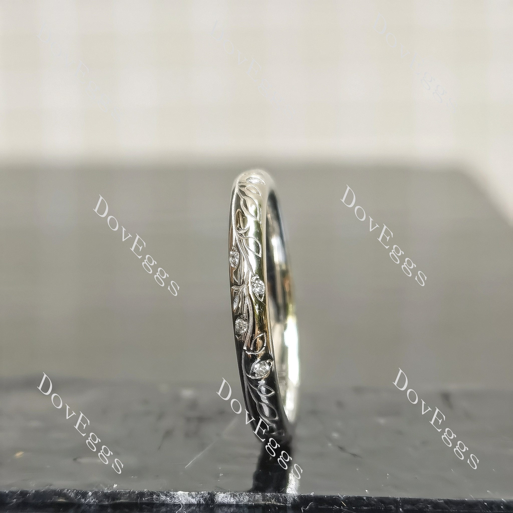 Round engraved full eternity moissanite wedding band side view|Doveggs