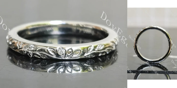 Round brilliant full eternity moissanite wedding band front and side view