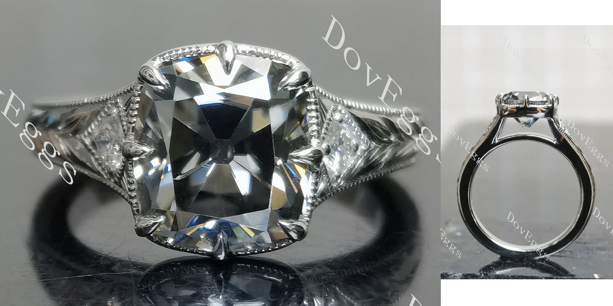 Cushion carved vintage side stones stardust grey moissanite engagement ring main view| Doveggs