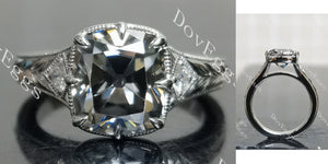 Cushion carved vintage side stones stardust grey moissanite engagement ring main view| Doveggs