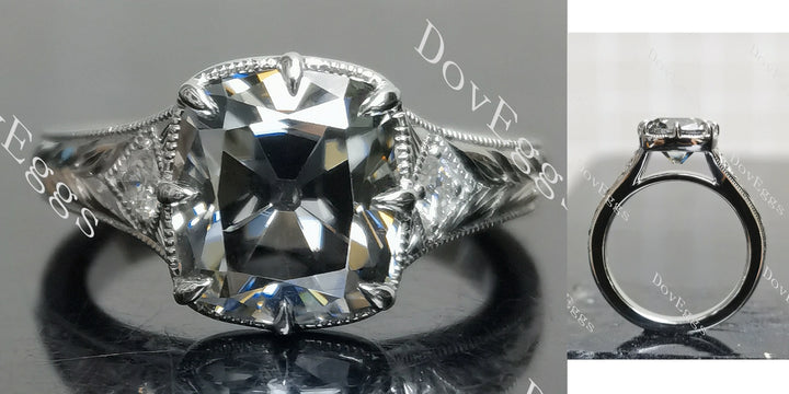 Cushion carved vintage side stones stardust grey moissanite engagement ring main view| Doveggs