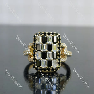 Black and white grid color scheme emerald round stones engagement ring| Doveggs