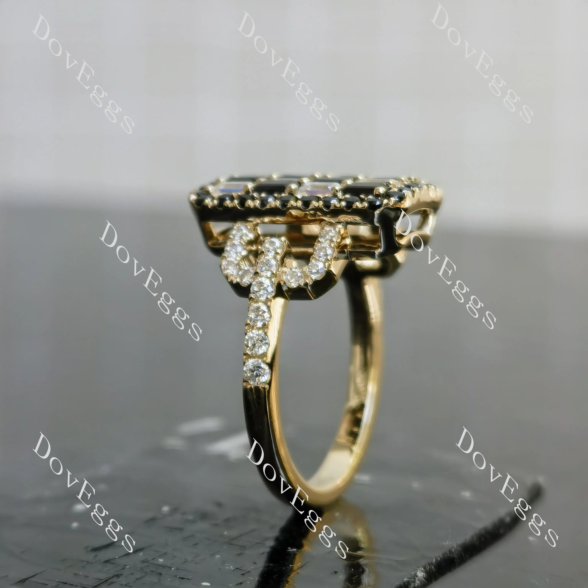 Emerald round stunning pave halo moissanite or lab diamond engagement ring side view| Doveggs